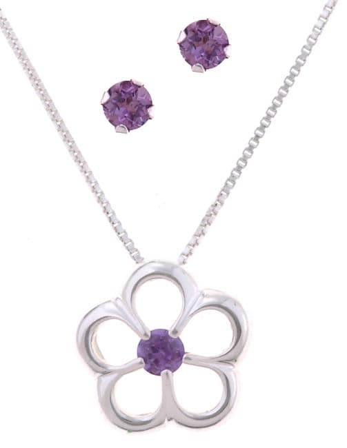   Stonez Silver Purple CZ Earring and Flower Pendant Set  