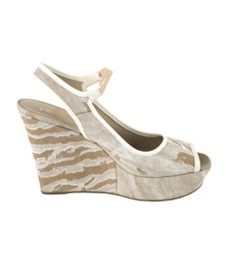 Prada White/ Brown Canvas Peep Toe Wedge Sandals