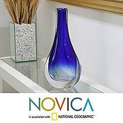 Hand blown Modern Blue Teardrop Murano Glass Vase (Brazil 