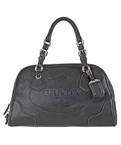 slide 1 of 3, Prada Black Leather Embossed Logo Satchel