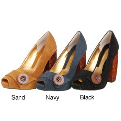 navy stacked heel pumps