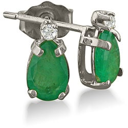 14k White Gold Emerald and Diamond Stud Earrings
