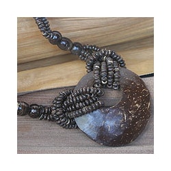 Coconut Shell Crescent Moon Long Necklace (Thailand)  