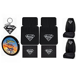 superman seat covers silver shield steering keychain matching accessory piece wheel rear mats combo floor bonus plus today 8pc 9pc