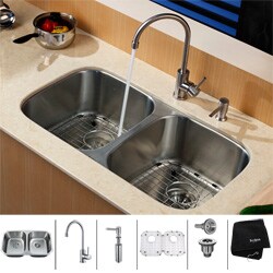 KRAUS 32 Inch Undermount Double Bowl Stainless Steel Kitchen Sink with Kitchen Bar Faucet and Soap Dispenser in Stainless Steel