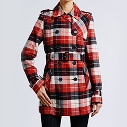 tommy hilfiger red & black wool blend plaid coat