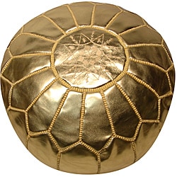 Handmade Leather Metallic Gold Pouf Ottoman (Morocco)