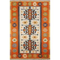 slide 1 of 3, Handmade Hereke Kilim Orange Wool Area Rug (6' x 9')