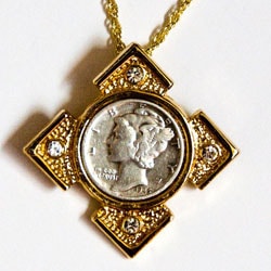 American Coin Treasures Mercury Dime Goldtone Art Deco Necklace