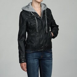 Collezione Women's Black Faux Leather Zip-out Fleece Hoodie Jacket ...