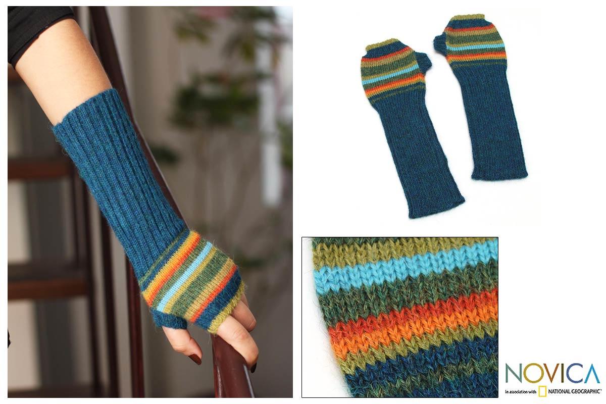 Alpaca Wool Andean Sunrise Fingerless Mitt Gloves (Peru)  