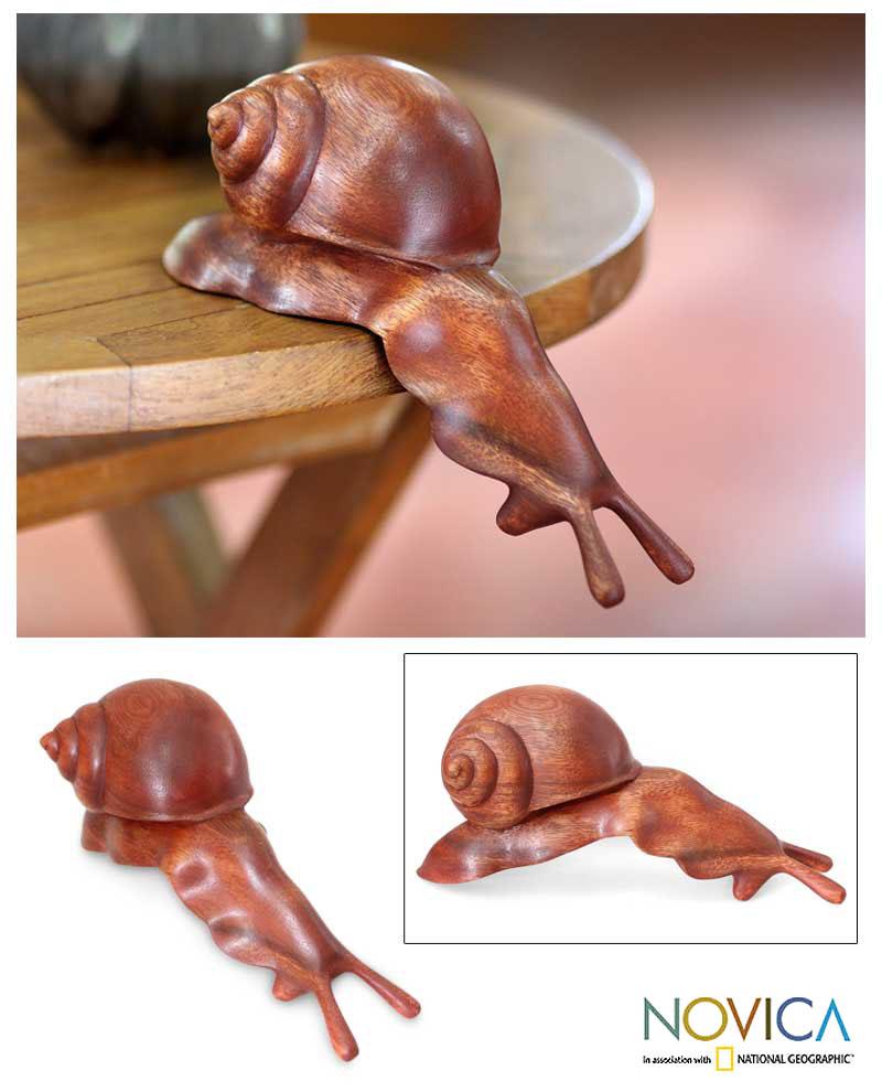 Suar Wood Peek a Boo Snail Sculpture (Indonesia)  