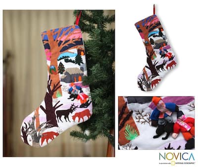 Handmade Cotton 'Winter Wonderland' Applique Christmas Stocking (Peru)