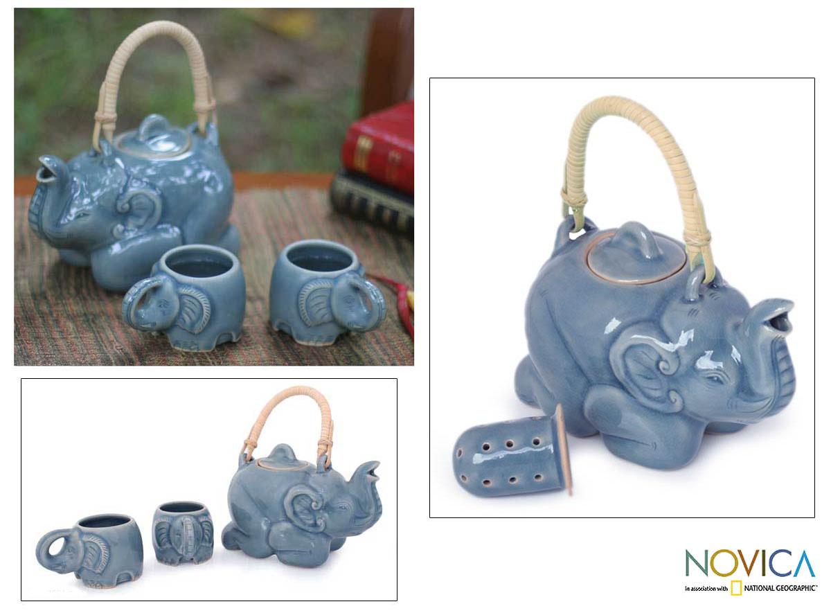 Shop Handmade Celadon Ceramic 'Blue Elephant Muse' Tea Set (Thailand