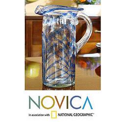 Blown Glass 'Blue Caress' Pitcher (Guatemala) Novica Serving Pieces