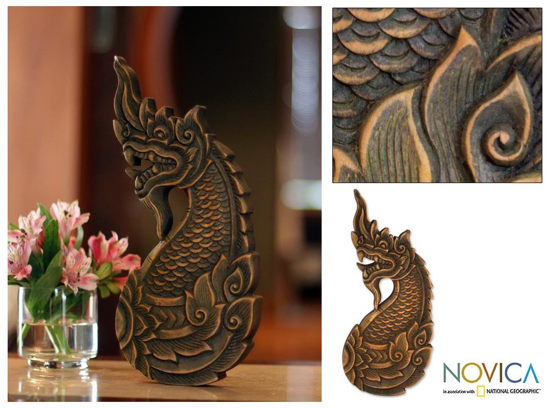 Rain Tree Wood 'Thai Naga' Wall Sculpture (Thailand)