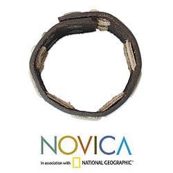 Leather 'Double White Contrasts' Wristband Bracelet (Thailand) Novica Bracelets