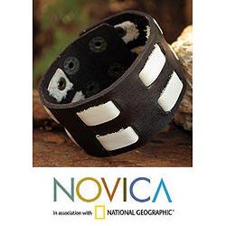 Leather 'Double White Contrasts' Wristband Bracelet (Thailand) Novica Bracelets