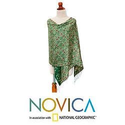 Silk 'Emerald Garden' Batik Shawl (Indonesia) Novica Scarves & Wraps