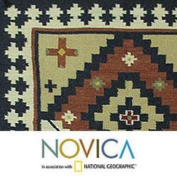 Hand woven Wool 'Mughal Fantasy' Blue Brown Rug (4x6) (India) Novica Accent Rugs