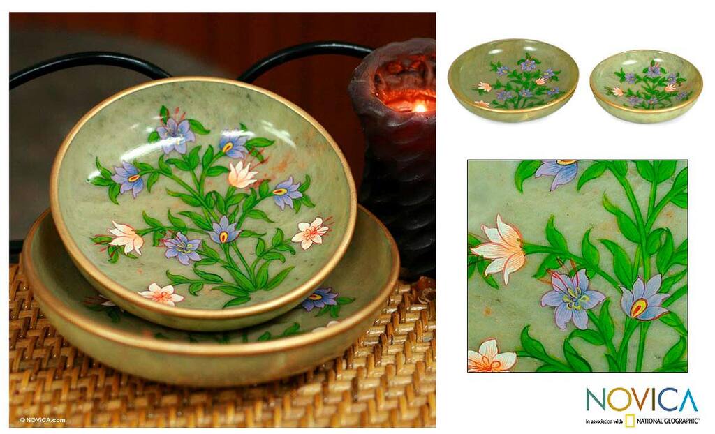 Set of 2 Handcrafted Soapstone 'Spring Violets' Centerpieces (India)