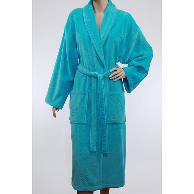 Unisex Turquoise Blue Authentic Hotel Spa Floral Turkish Cotton Bath Robe