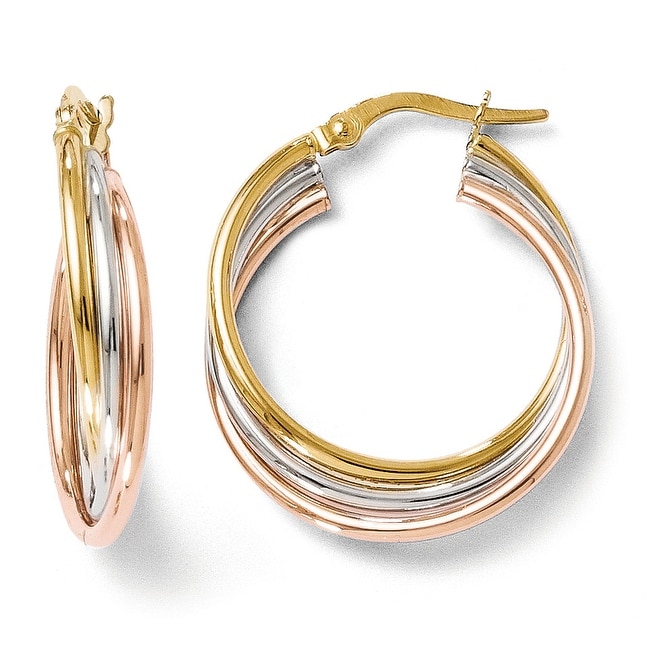 Italian 14k Tri Color Gold Polished And Textured Twisted Hoop Italian 14k Tri Color Gold Polished And Textured Twisted Hoop Earrings