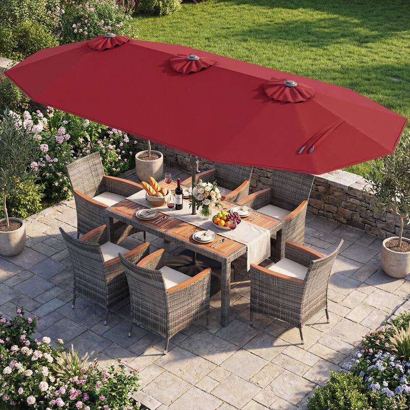 Gymax 8-Piece Patio Dining Set w/ Double-Sided Market Umbrella Acacia