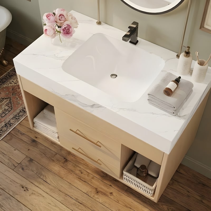 29.9-inch floating bathroom vanity with sintered stone countertop and ceramic undermount sink