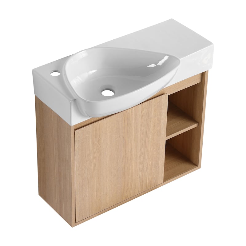26'' Wall-Mounted Bathroom Vanity with White Ceramic Sink & Soft-Close Door, KD-Packing - Oak