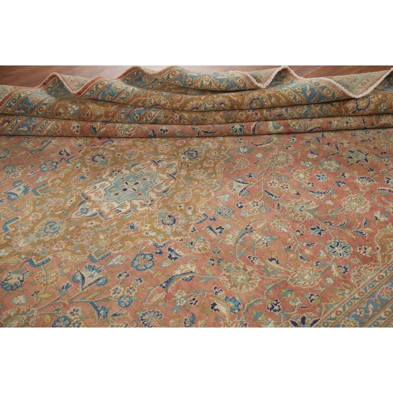 Hand Knotted Oriental 100% Wool Carpet Traditional Floral Pink Mashad Area Rug - 12' 9'' X 9' 4''