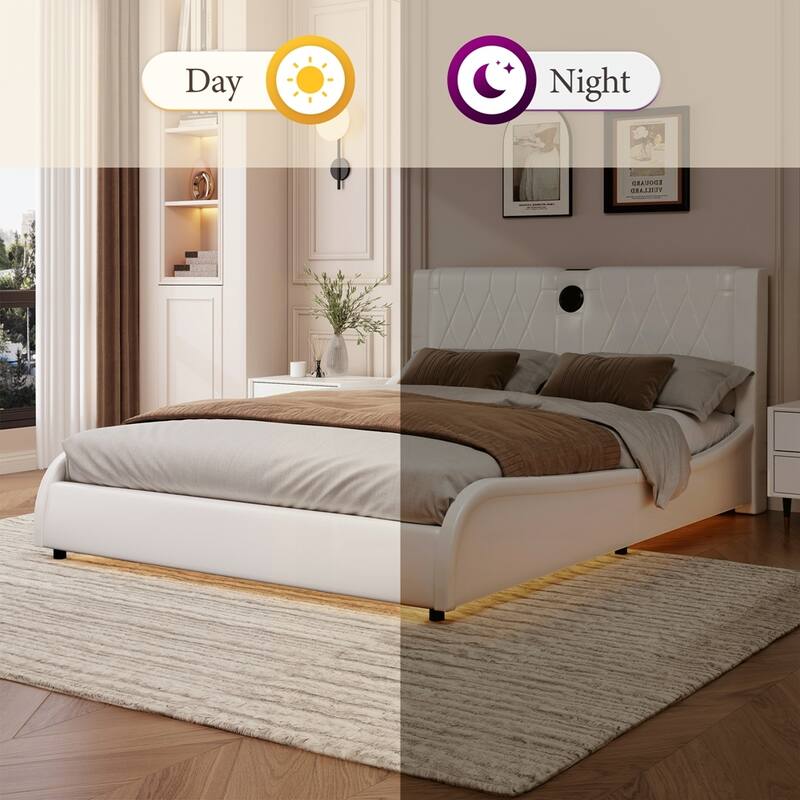 Faux Leather Upholstered Platform Bed with Thickened Headboard