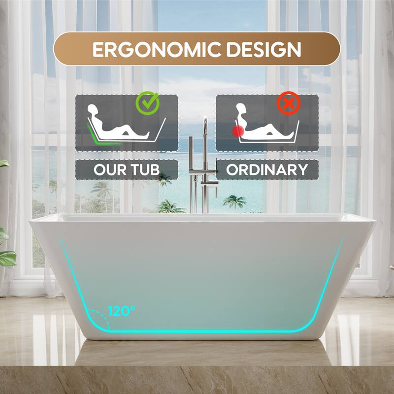 Freestanding Soaking Bathtub, 100% Pure Virgin Acrylic with Drain And Overflow,Glossy White