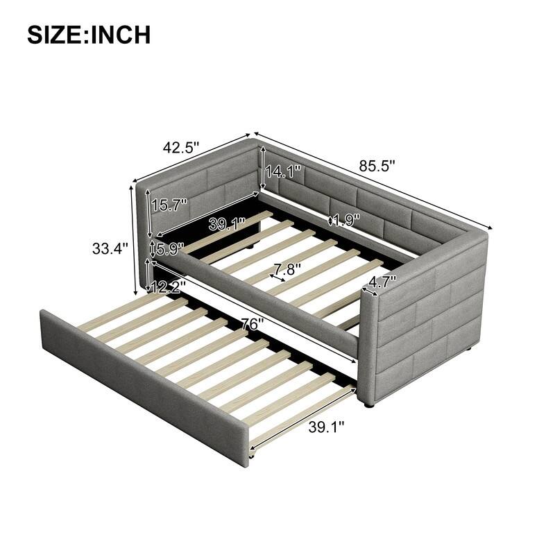Twin Size Daybed with Trundle, Upholstered Daybed with Padded Back