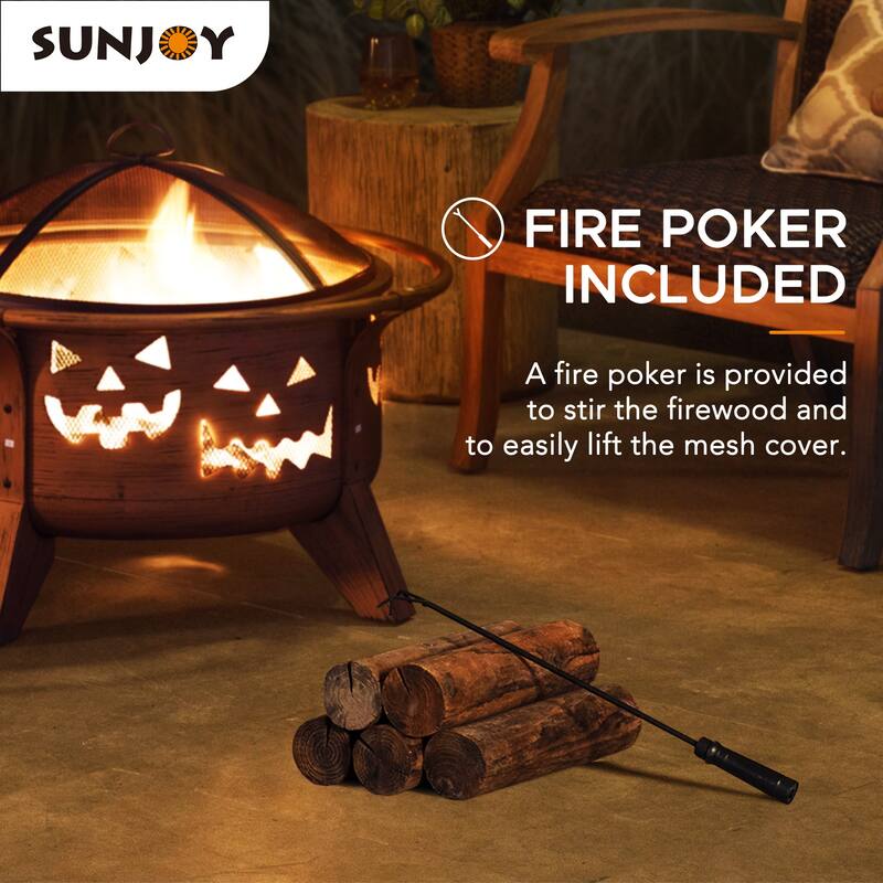 Sunjoy 30 in. Outdoor Wood-Burning Fire Pit, Patio Woven Round Steel Firepit Outside with Spark Screen and Poker - N/A