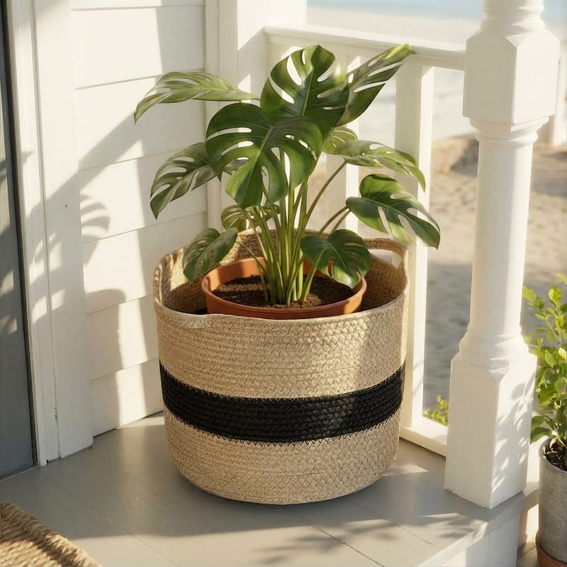 Household Essentials Handwoven Paper Rope Basket with Stripe and Handles