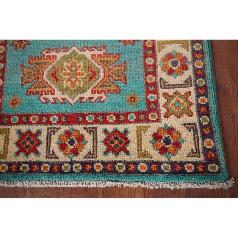 Turquoise Kazak Foyer Rug Hand-Knotted Wool Carpet - 2'0" x 3'0"