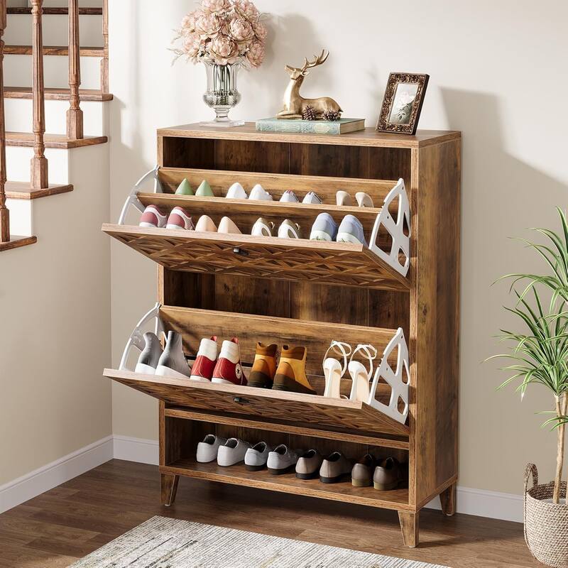 Shoe Cabinet with 2 Flip Drawers for Entryway with Wooden Legs Adjustable Shelves