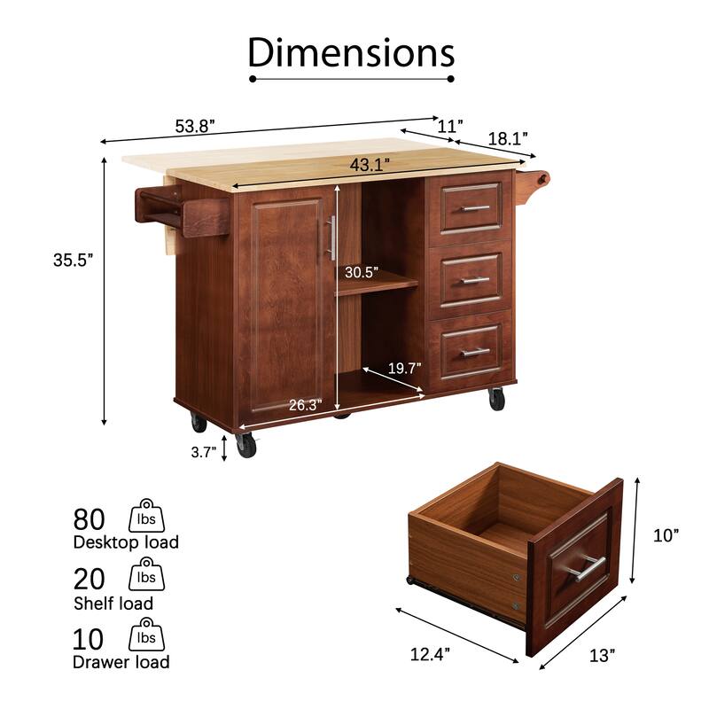 Portable Wooden Kitchen Island Cart Large Capacity with 3 Drawers, Folding Table Spice Rack and Towel Rack, for Small Spaces