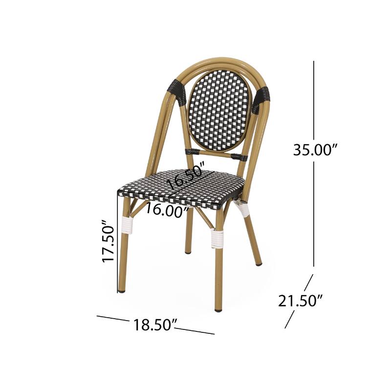 Bo Outdoor Bistro Chair Set of 2, White and Black Faux Rattan, Metal