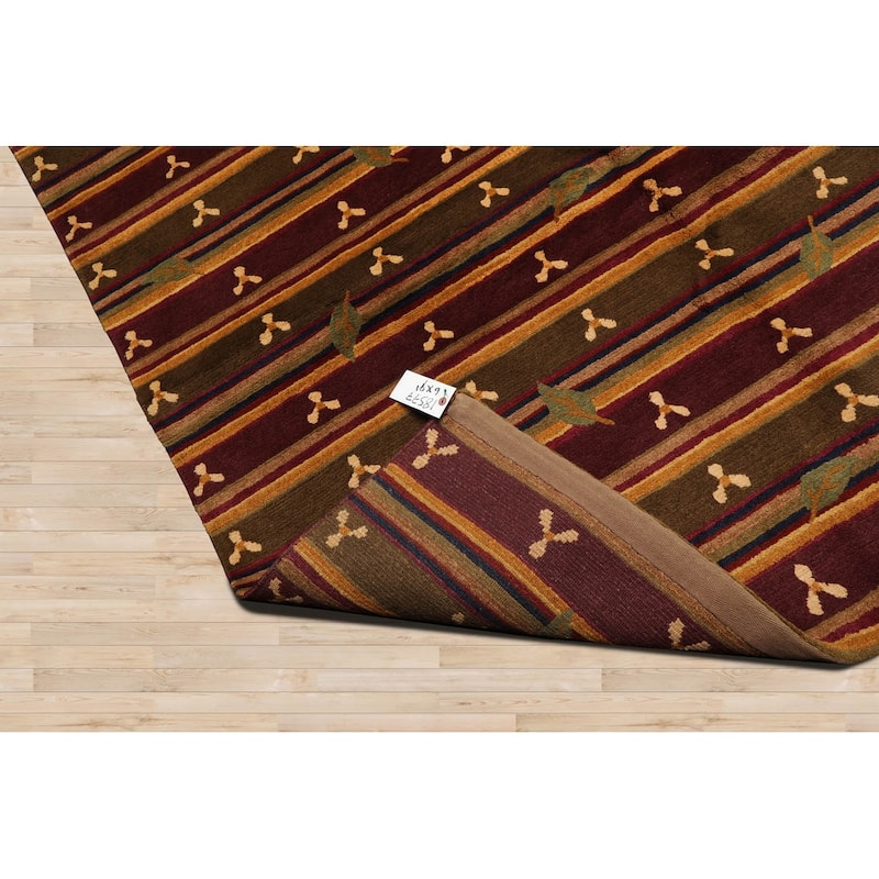 Hand Knotted Tibetan Green, Rust Striped Wool Transitional Area Rug - 6' x 9' 1''