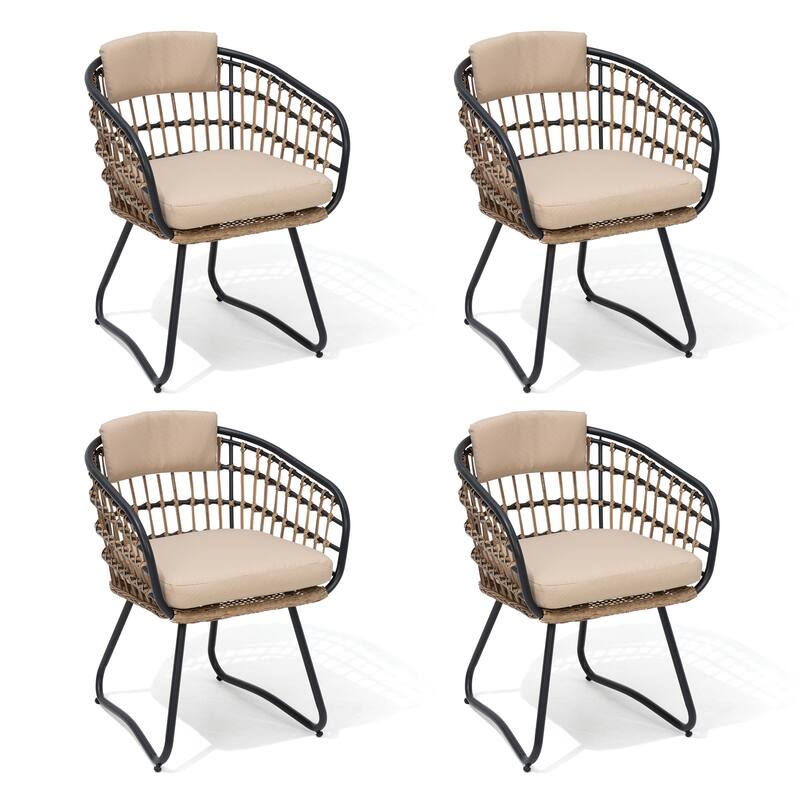 Outdoor Patio Wicker PE Rattan Dining Chairs Set with Seat Back Cushion - Beige-4PC