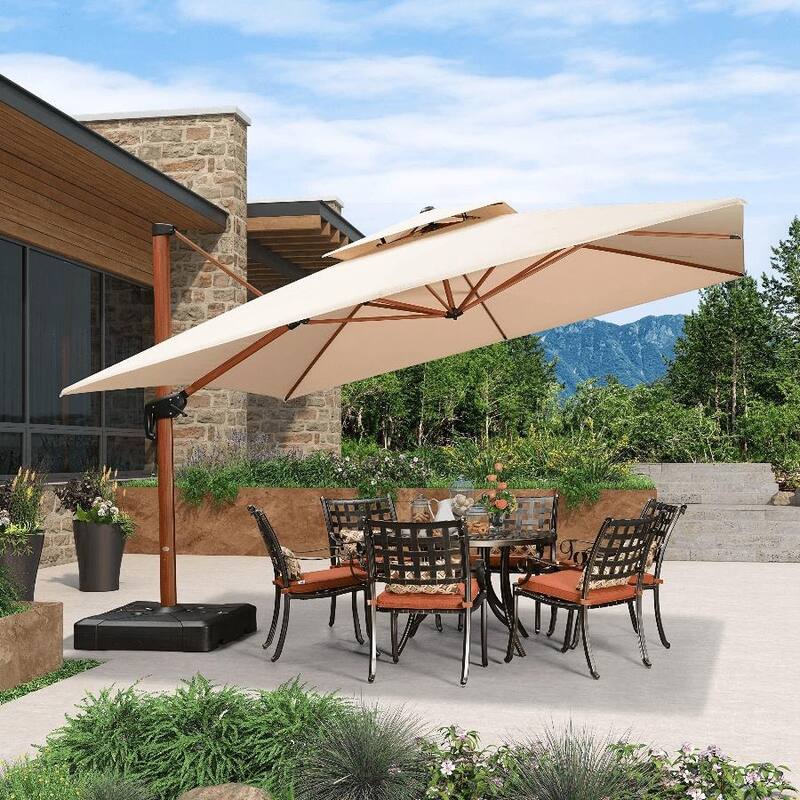 PURPLE LEAF 12ft Square Wood Pattern Patio Cantilever Umbrella - Beige