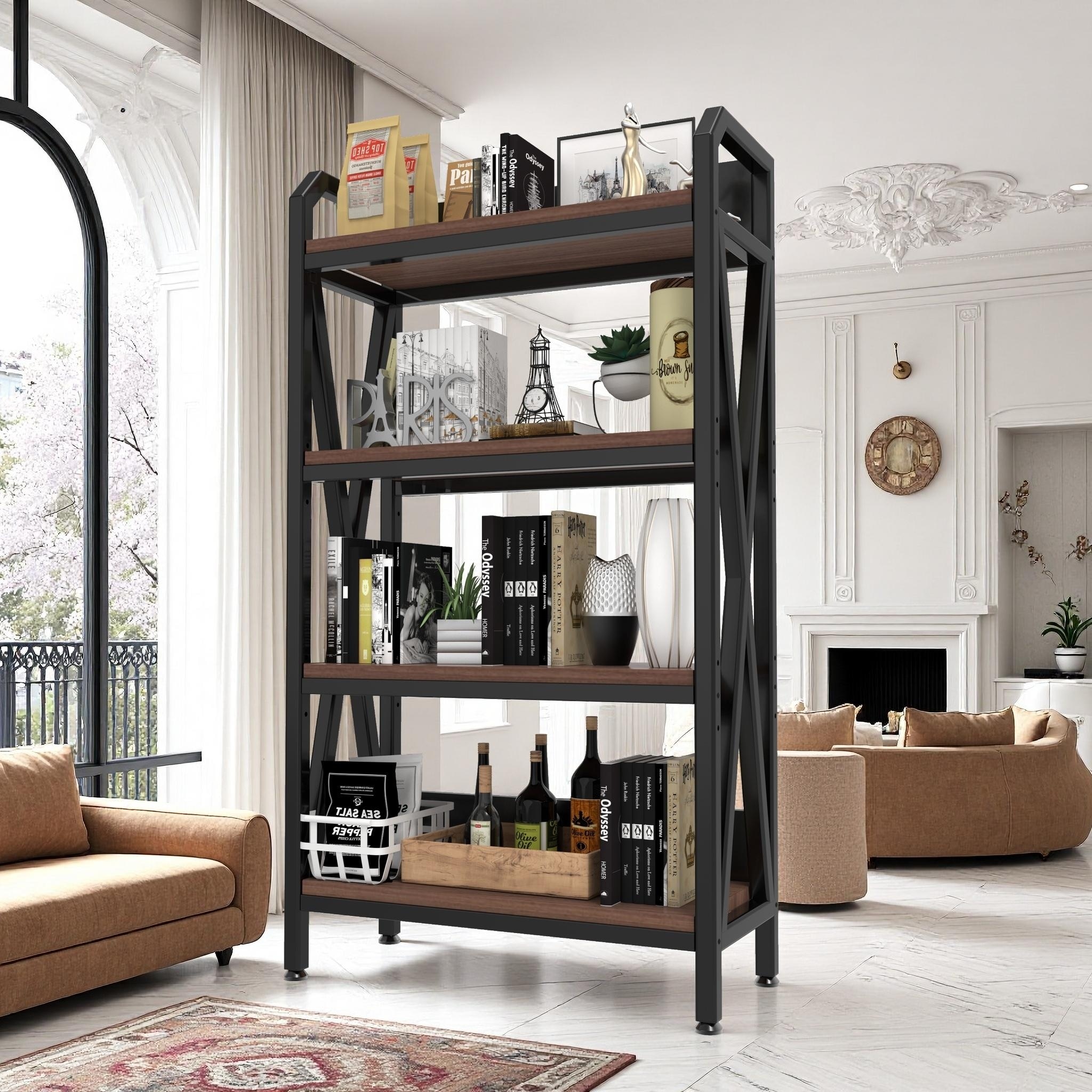 56.30" Bakers Rack 4-Level Storage Shelves Metal and Wooden Kitchen Shelves, Kitchen Organizers and Storage