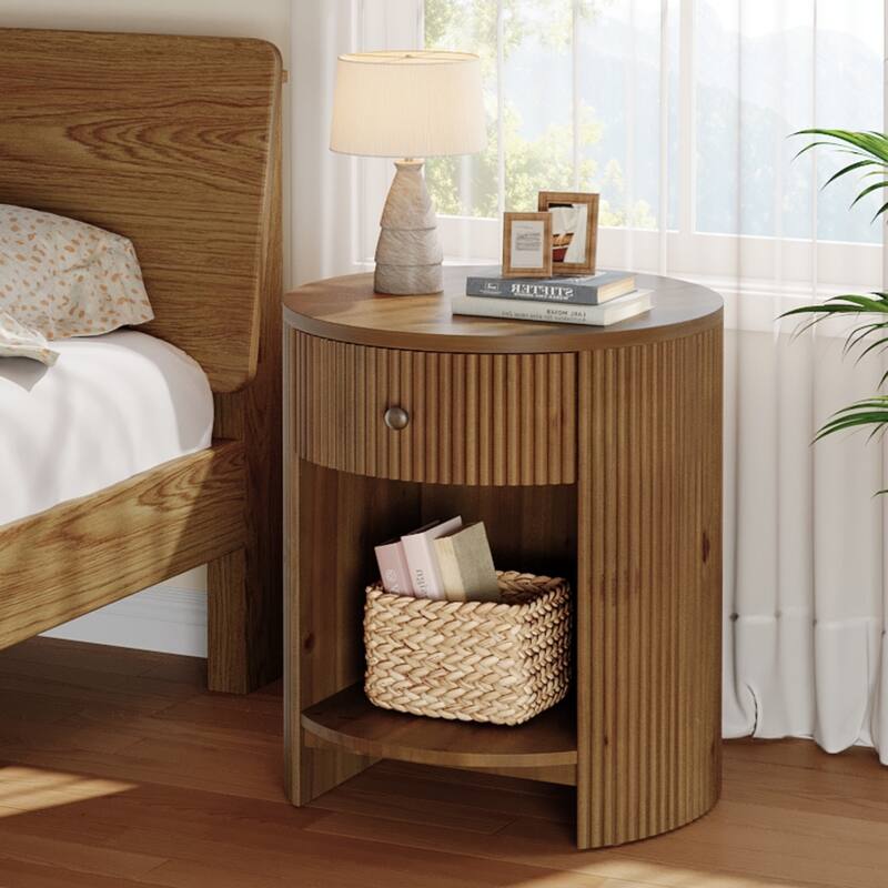 2-Tier Round End Table with Drawer, No Assembly Required, Wooden Beside Table, Circle Nightstand for Bedroom, Living Room - 1-Piece
