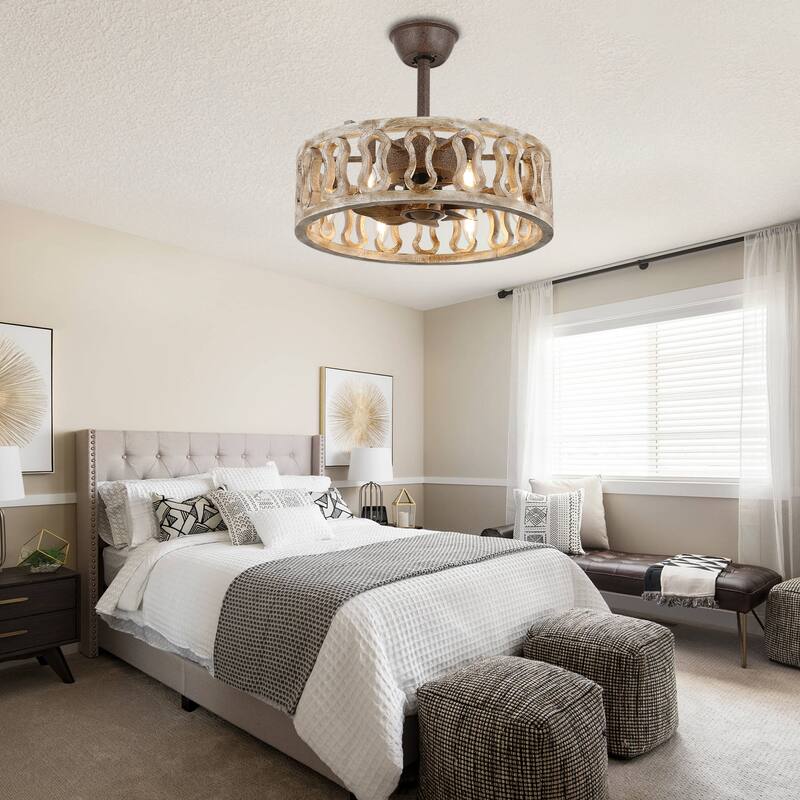 18" Oaks Aura Farmhouse Distressed Wood Caged Ceiling Fan with Lights, 6-Speed Silent Shabby Chic Bladeless Ceiling Fan