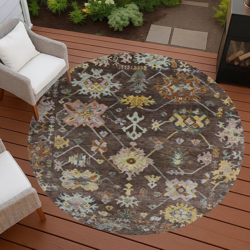 Machine Washable Indoor/ Outdoor Boho Traditional Chantille Rug - 8' x 8' - Chocolate