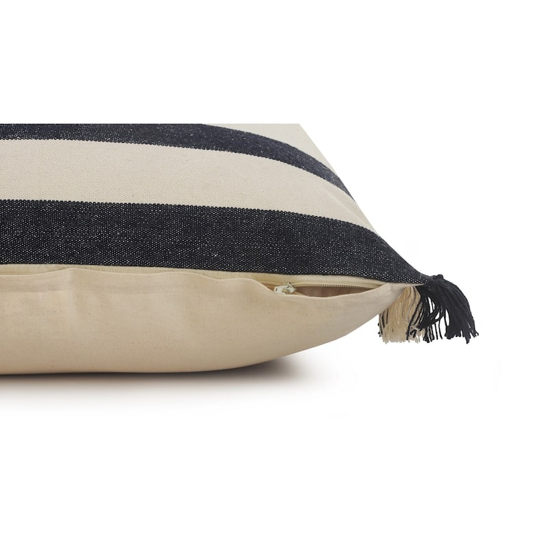 HomeRoots 20" X 20" Ensign Blue White And Linen 100% Cotton Striped Zippered Pillow