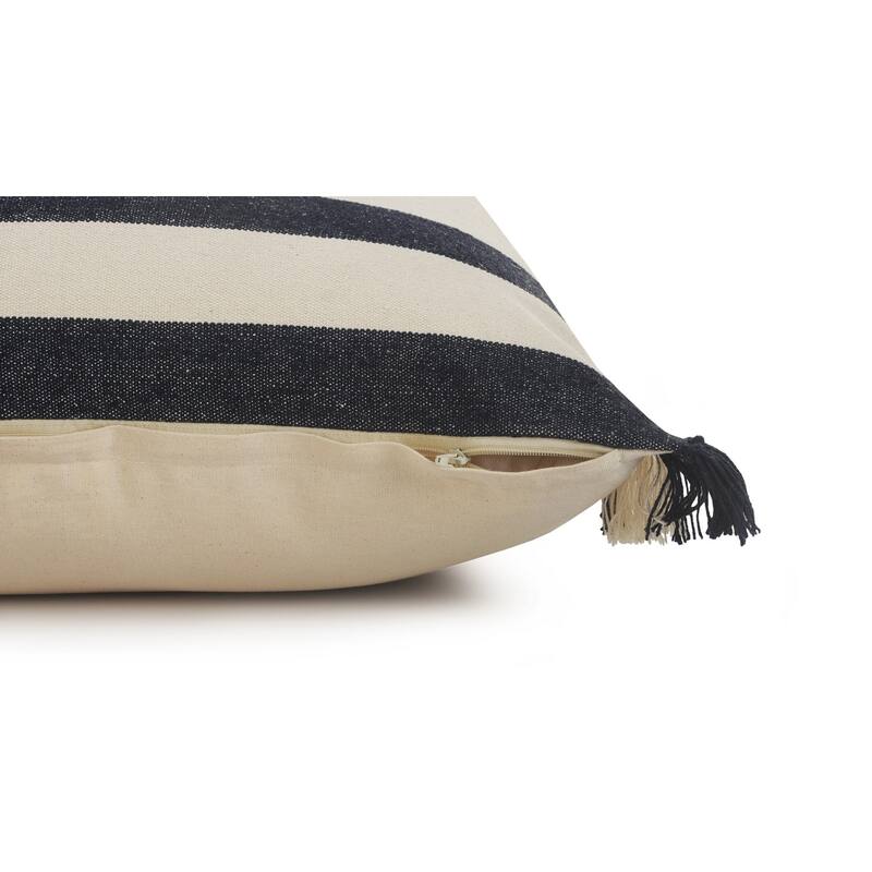HomeRoots 26" X 26" Ensign Blue White And Linen 100% Cotton Striped Zippered Pillow