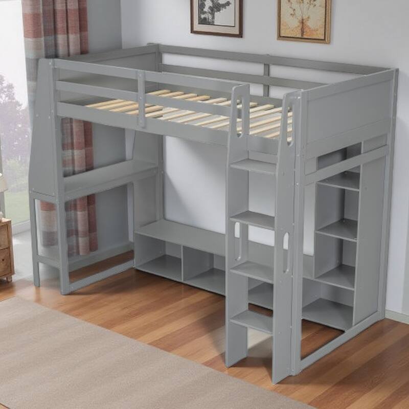 Full/Twin Size Wood Gaming Loft Bed with Desk, LED Lights, Hanging Clothes Rack & Storage Shelves - Twin Gray - Twin